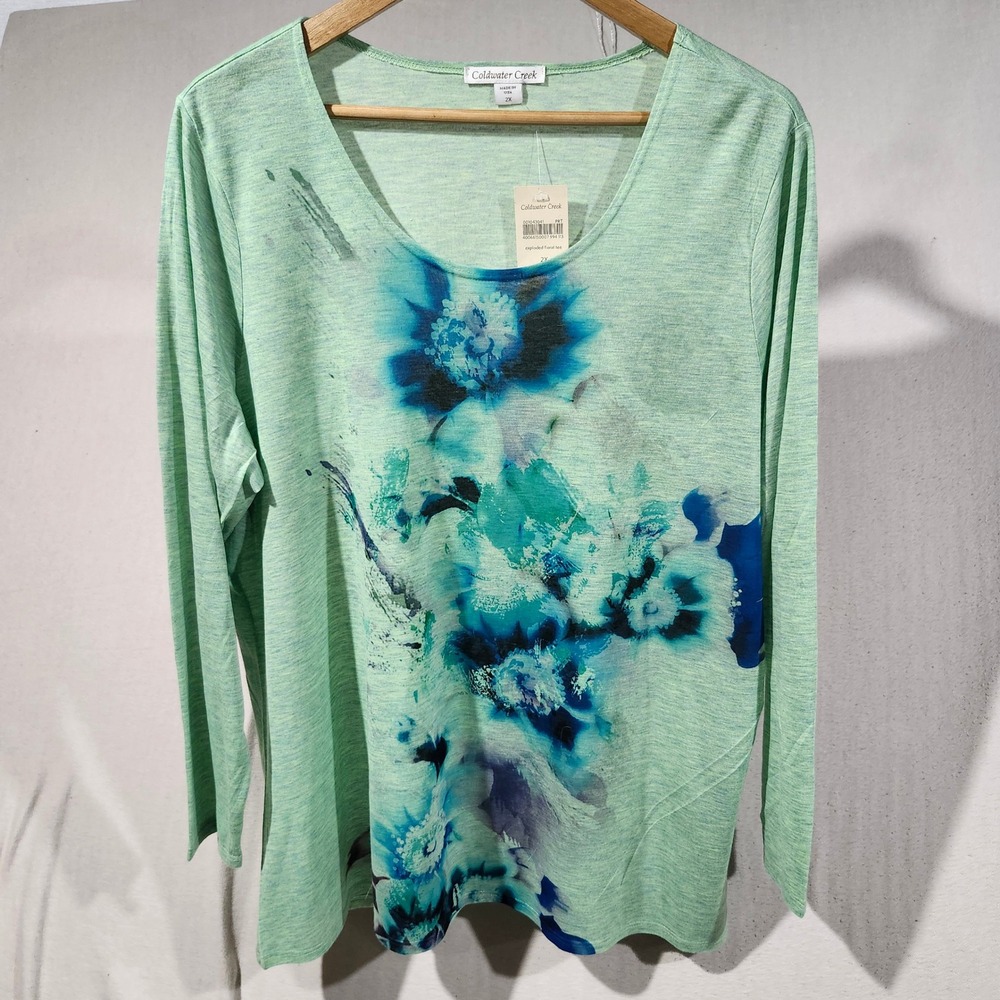 Coldwater Creek Exploded Floral Tee Mint Green Blue Long Sleeve Plus 2X NWT